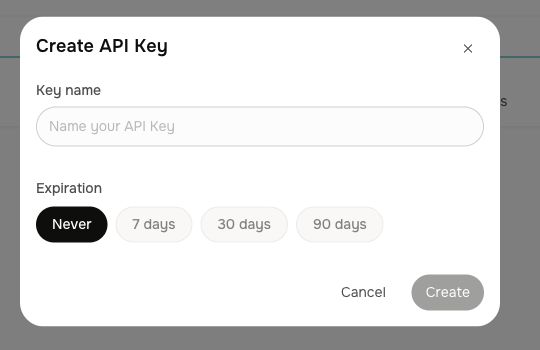 Fish Audio Create API Key dialog with name and expiration