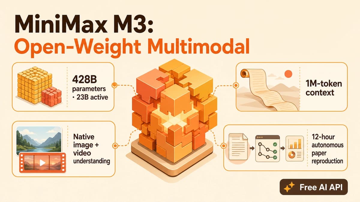 Native Multimodal with 1M Context! MiniMax M3 Released, Partnering with OpenCode for Free Keyless Trial — Free AI API