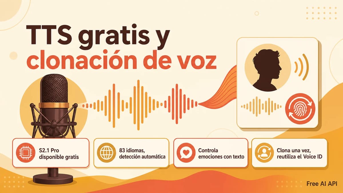 ¿Qué es Fish Audio? TTS S2.1 Pro gratis y clonación de voz — Free AI API