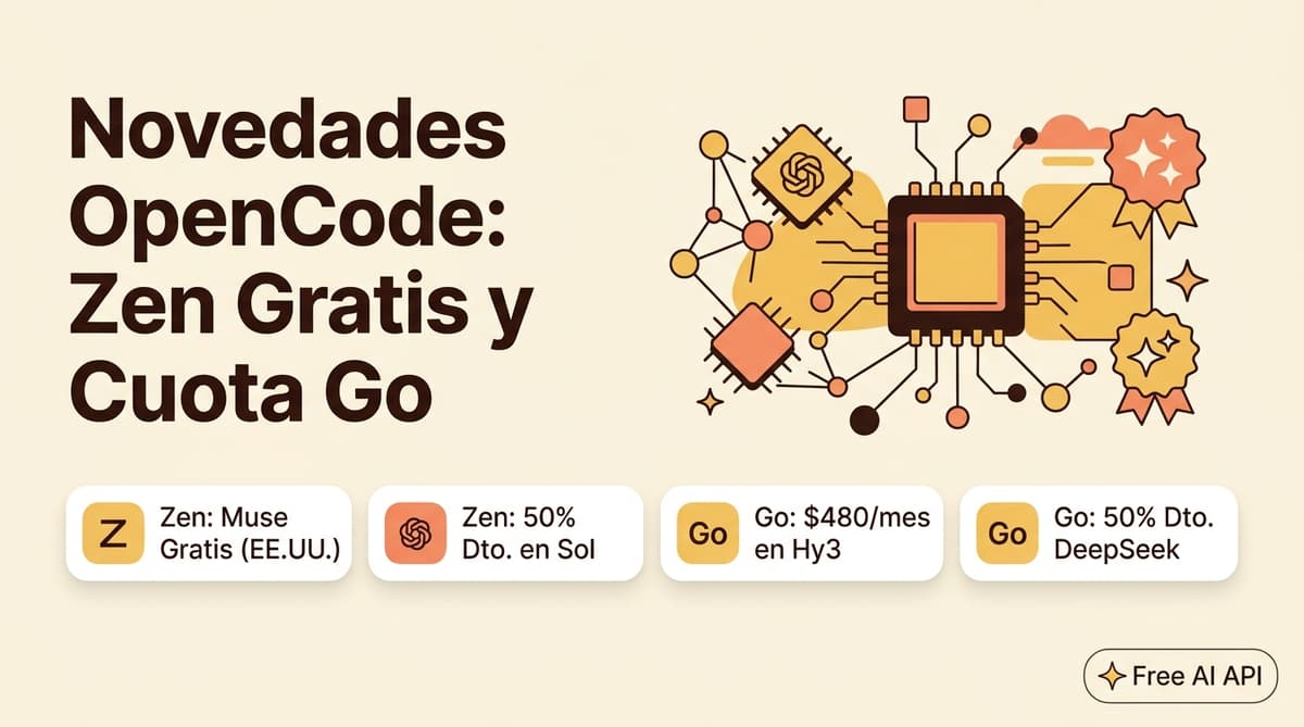 Novedades OpenCode: Zen Gratis, GPT-5.6 Sol al 50% y Cuota Go — Free AI API