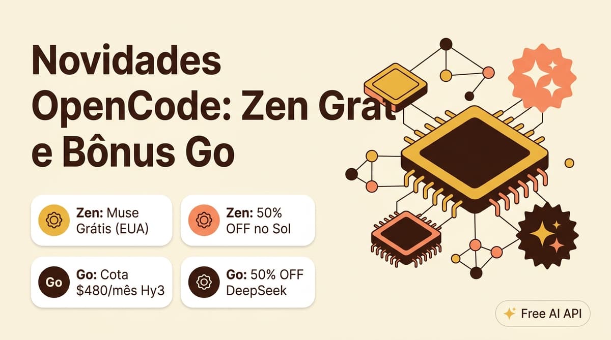 Novidades OpenCode: Zen Grátis, GPT-5.6 Sol 50% OFF e Bônus Go — Free AI API