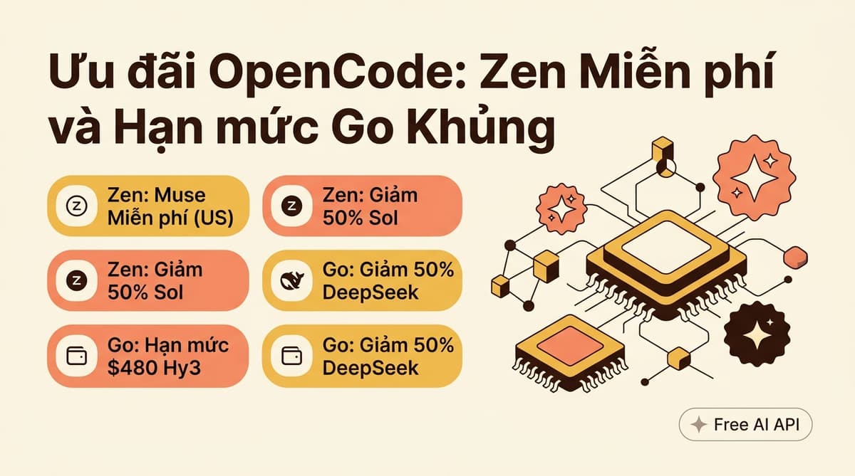 Ưu đãi OpenCode: Zen Miễn phí, GPT-5.6 Sol Giảm 50% và Hạn mức Go Khủng — Free AI API