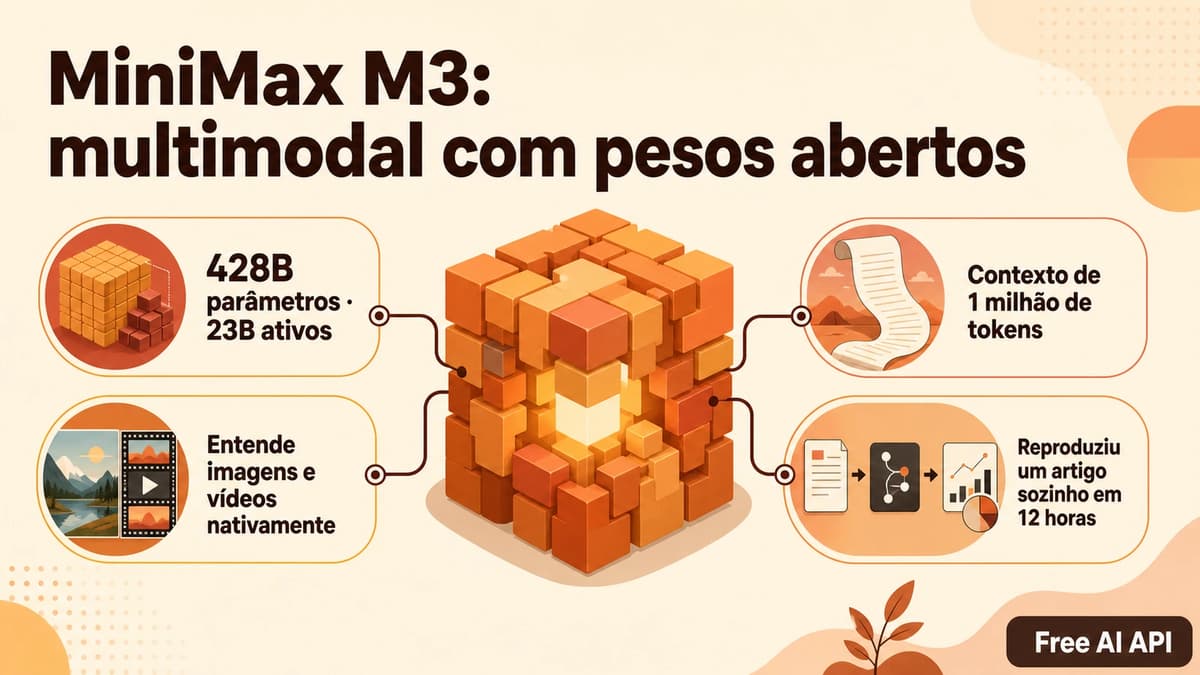 MiniMax M3: multimodal nativo, contexto de 1M e teste grátis no OpenCode — Free AI API
