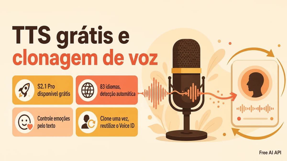 O que é Fish Audio? TTS S2.1 Pro grátis e clonagem de voz — Free AI API