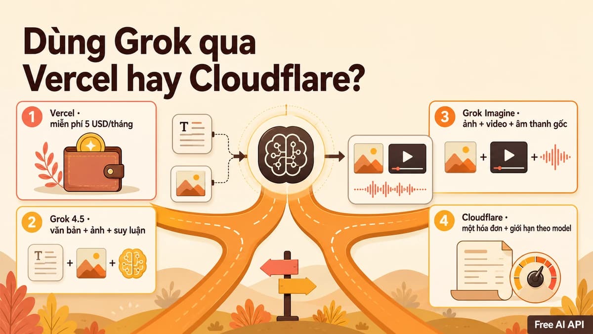 Grok trên Cloudflare và Vercel: miễn phí ở Vercel, trả phí không cần Key ở Cloudflare — Free AI API