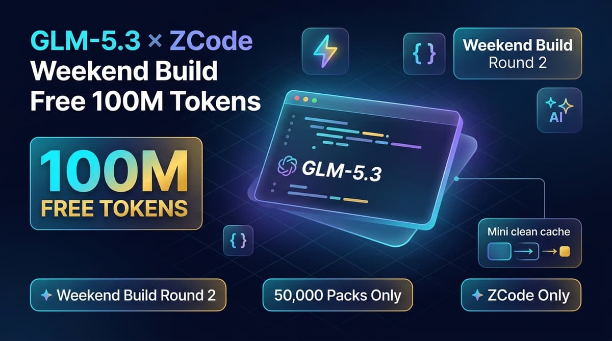 GLM-5.3 × ZCode Weekend Build Free 100M Tokens Infographic
