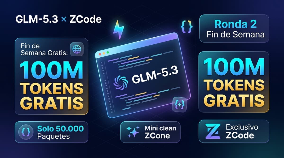 GLM-5.3 × ZCode Fin de Semana Gratis 100M Tokens Gratis Infografía