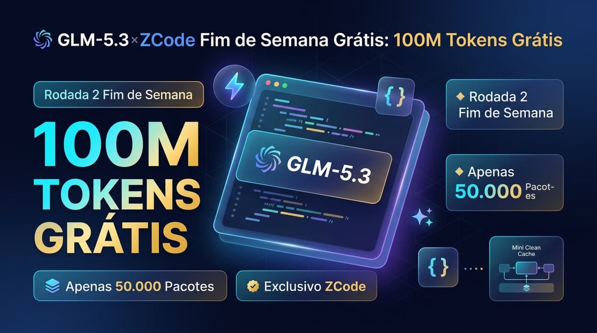 GLM-5.3 × ZCode Fim de Semana Grátis 100M Tokens Grátis Infográfico
