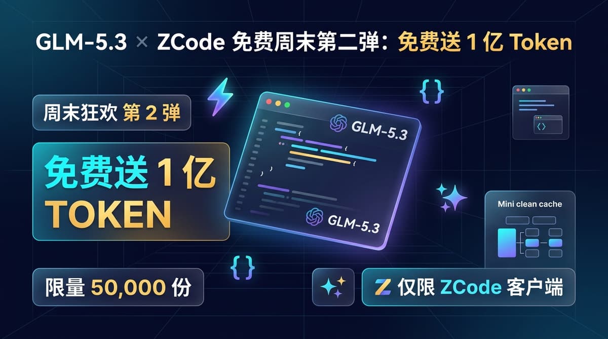 GLM-5.3 × ZCode 免费周末第二弹 1亿Token免费送 科技信息图