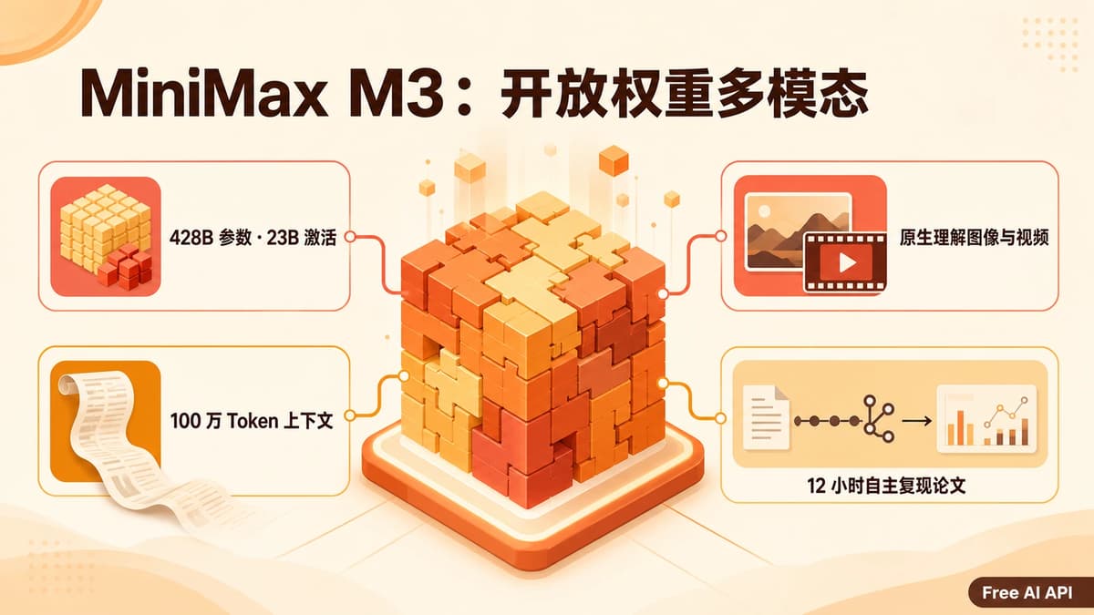 百万上下文原生多模态！MiniMax M3 正式发布，携手 OpenCode 开启全面免 Key 试用 — Free AI API