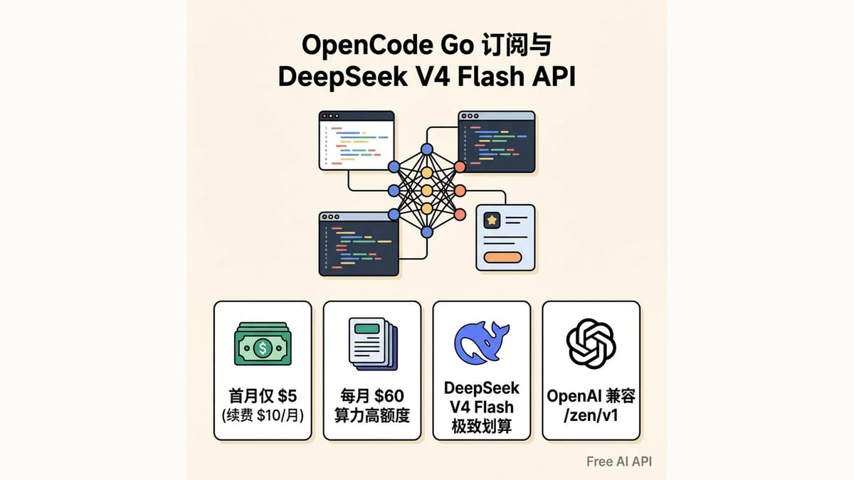 OpenCode Go 订阅全攻略：首月 $5 体验高配额 DeepSeek V4 Flash API — Free AI API
