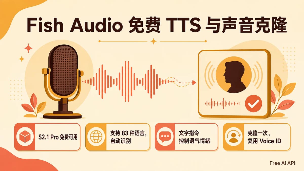 Fish Audio 是什么？免费 S2.1 Pro TTS 与声音克隆指南 — Free AI API