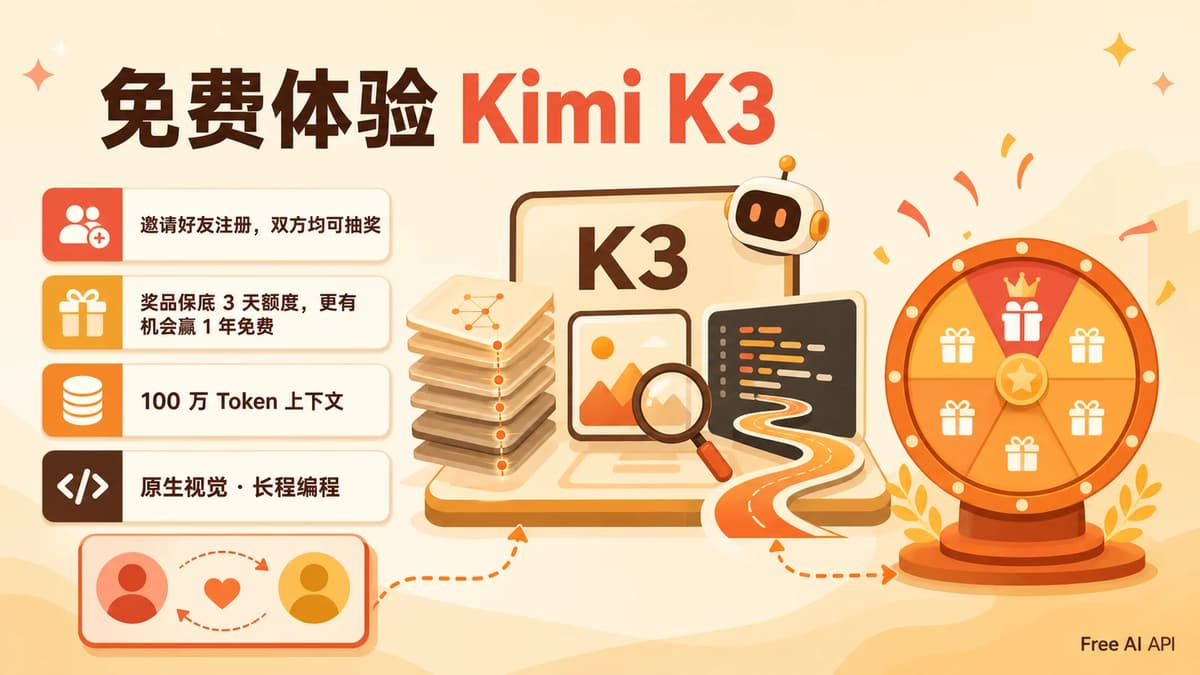 Kimi K3 上线：立即邀请好友，参加活动能领额度，品鉴一下目前最强的开源模型 — Free AI API