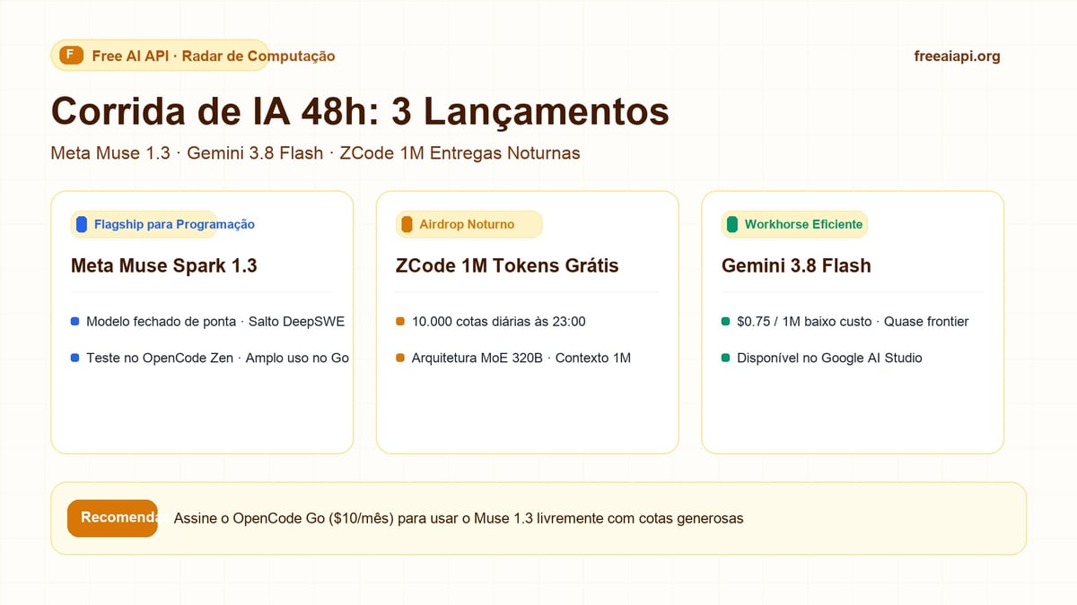 Corrida de IA 48h: Meta Muse 1.3, Gemini 3.8 Flash e ZCode Capa