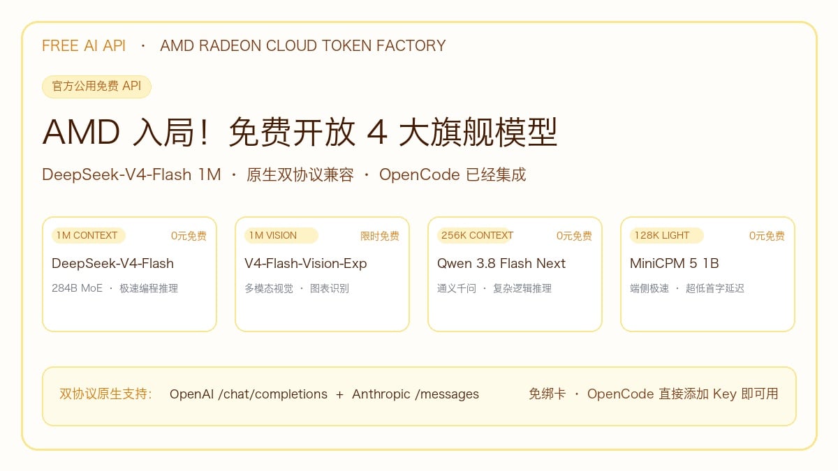 AMD Radeon Cloud Token Factory 免费开放 4 大旗舰模型 API 封面