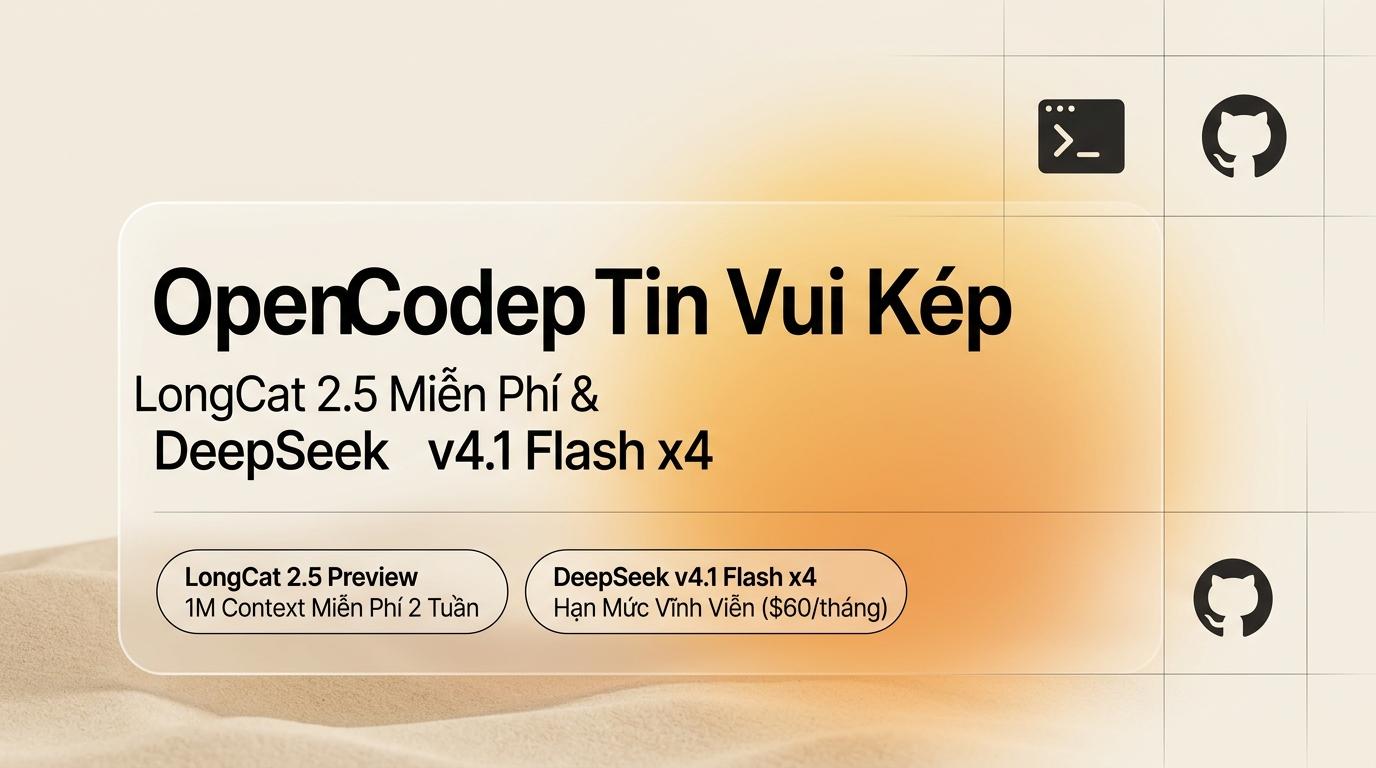 OpenCode đón tin vui kép: LongCat 2.5 Preview miễn phí 2 tuần, DeepSeek v4.1 Flash nhân 4 lần hạn mức vĩnh viễn