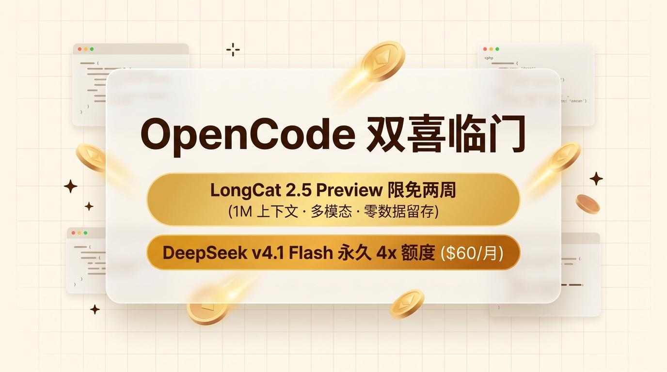 OpenCode 双喜临门:LongCat 2.5 Preview 限免两周,DeepSeek v4.1 Flash 永久 4x