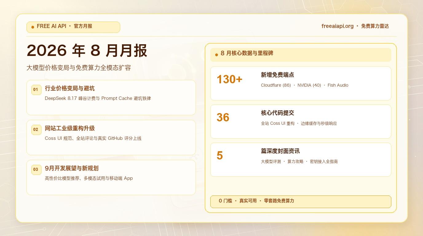 Free AI API August 2026 Monthly Report Cover (zh-CN)