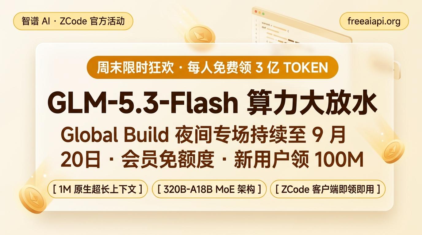 智谱 ZCode 算力大放水：周末每人免费领 3 亿 Token，夜间福利与 Global Build 规则全拆解