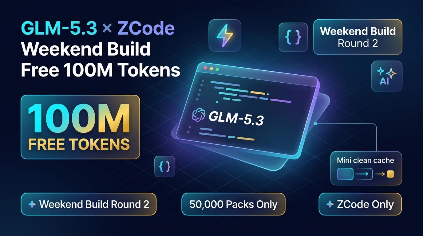 GLM-5.3 × ZCode Weekend Build Free 100M Tokens Infographic