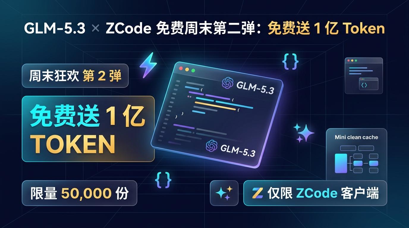 GLM-5.3 × ZCode 免费周末第二弹 1亿Token免费送 科技信息图