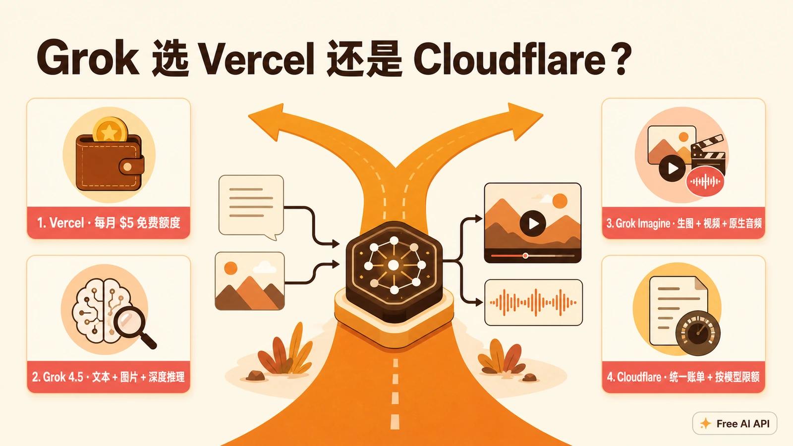 Grok 登陆 Cloudflare 与 Vercel：Vercel 免费、Cloudflare 统一付费免 Key — Free AI API