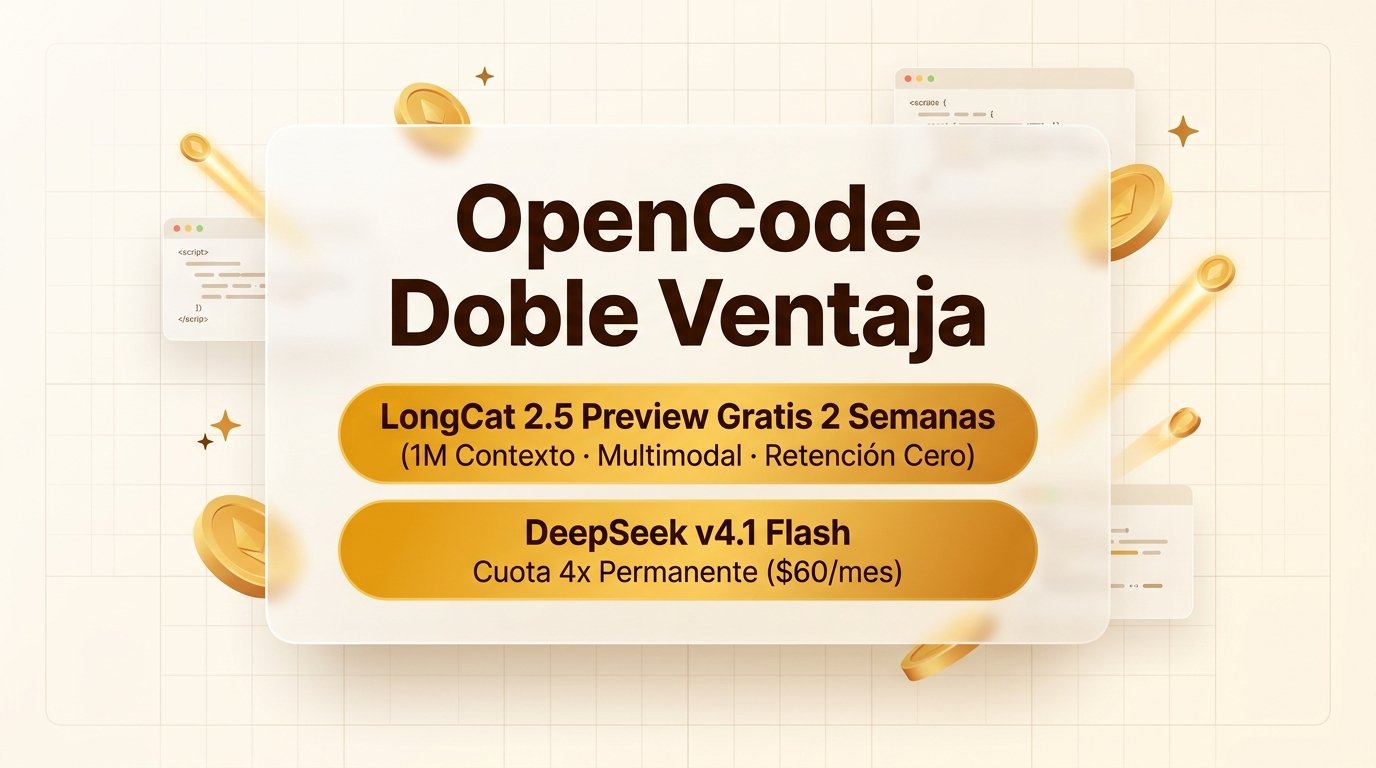 Doble ventaja en OpenCode: LongCat 2.5 Preview gratis durante 2 semanas y DeepSeek v4.1 Flash con 4x permanente