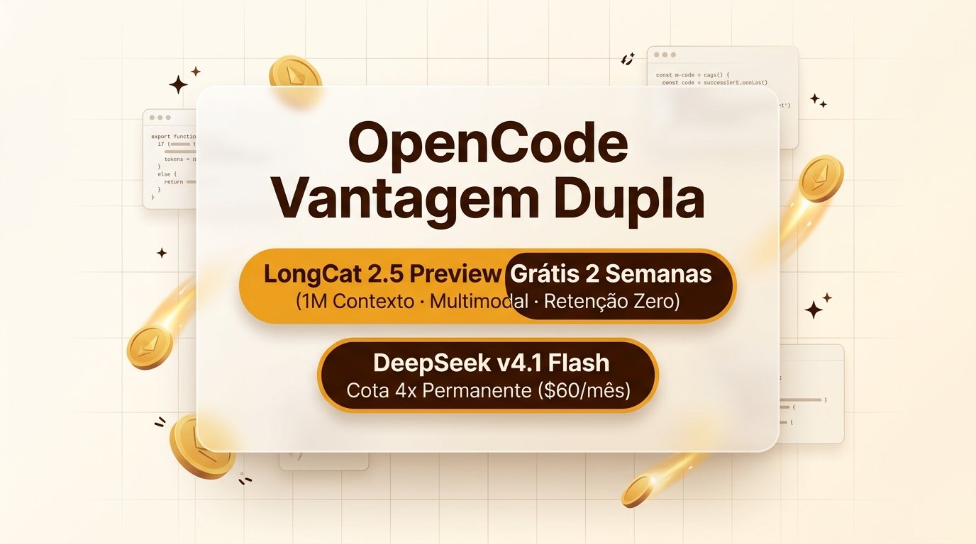 Vantagem dupla no OpenCode: LongCat 2.5 Preview grátis por 2 semanas e DeepSeek v4.1 Flash permanente com 4x