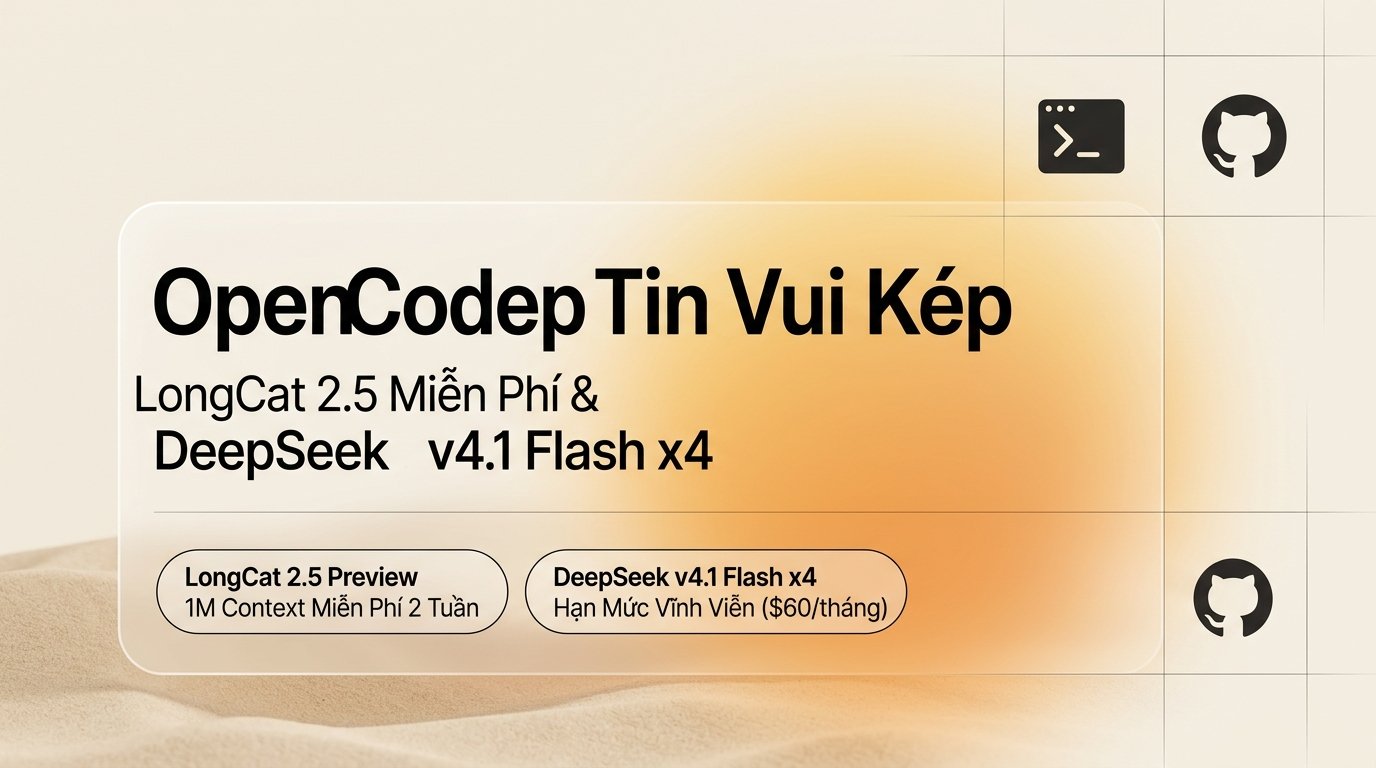 OpenCode đón tin vui kép: LongCat 2.5 Preview miễn phí 2 tuần, DeepSeek v4.1 Flash nhân 4 lần hạn mức vĩnh viễn