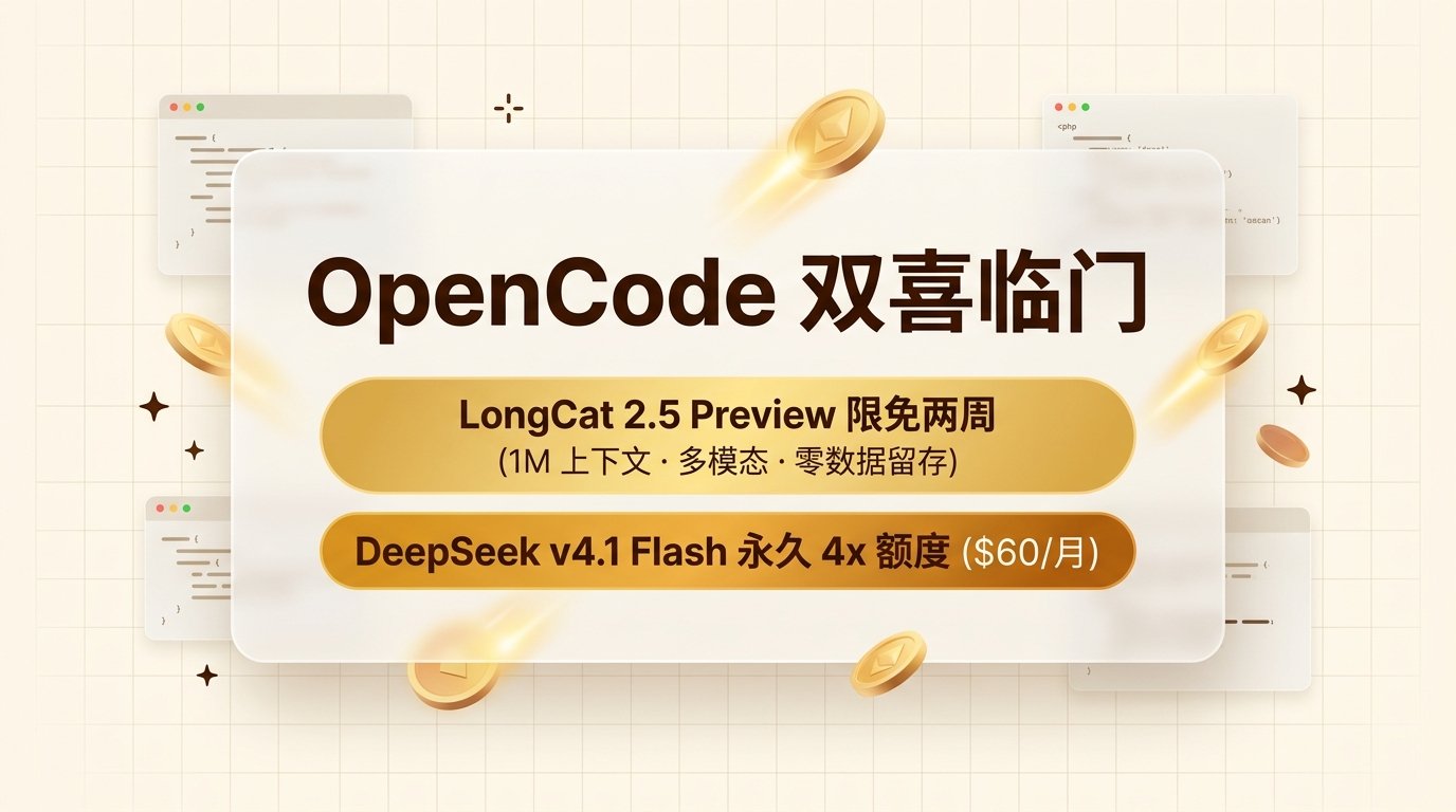 OpenCode 双喜临门:LongCat 2.5 Preview 限免两周,DeepSeek v4.1 Flash 永久 4x