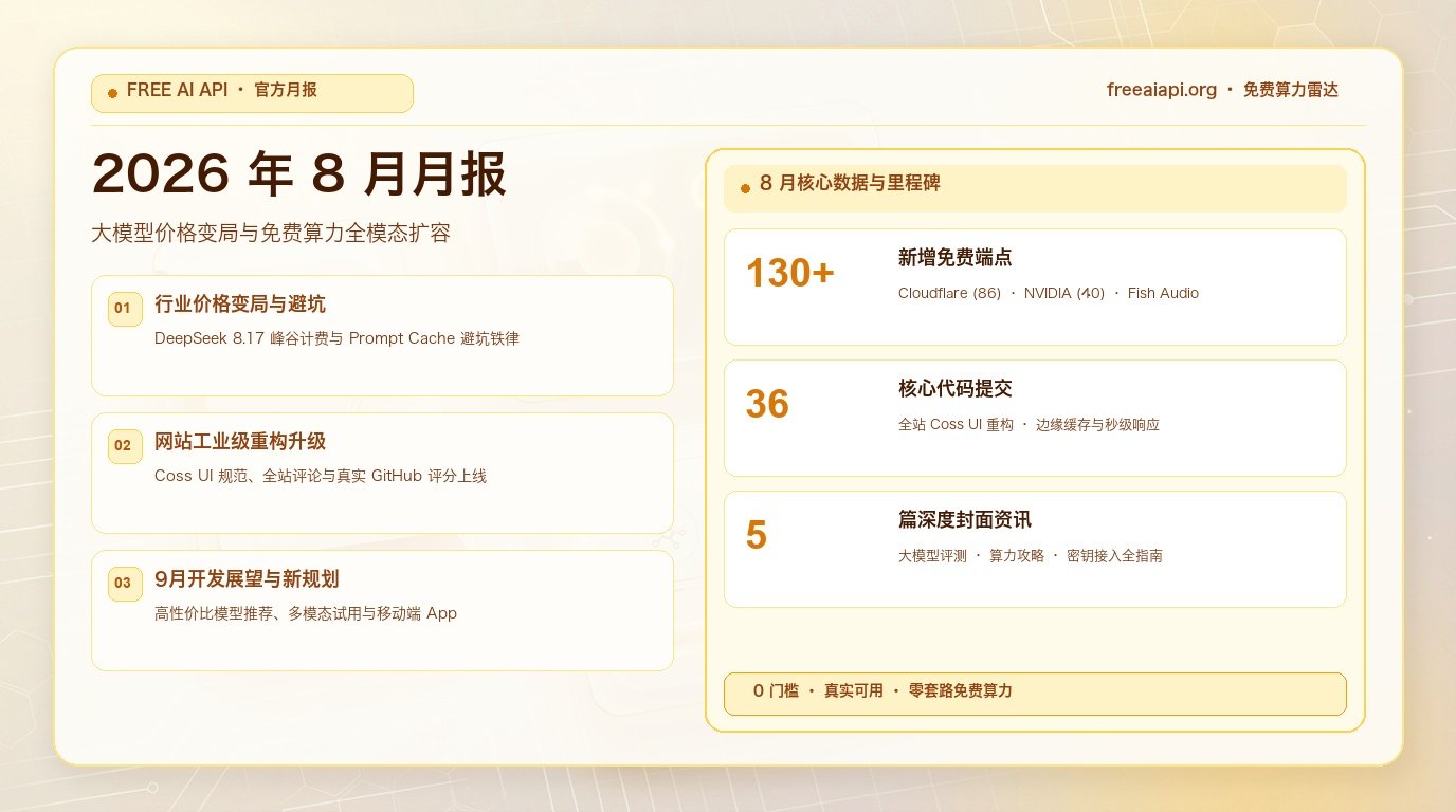 Free AI API August 2026 Monthly Report Cover (zh-CN)