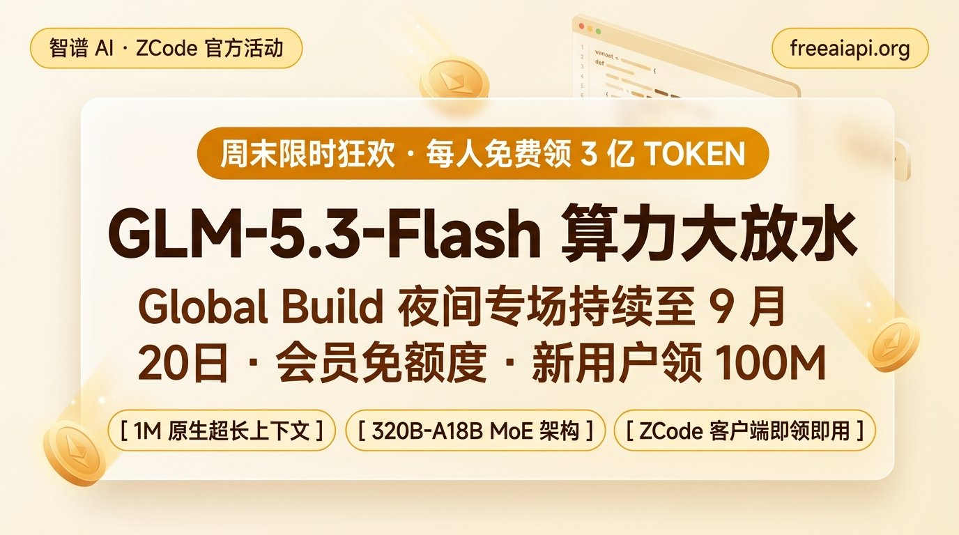 智谱 ZCode 算力大放水：周末每人免费领 3 亿 Token，夜间福利与 Global Build 规则全拆解
