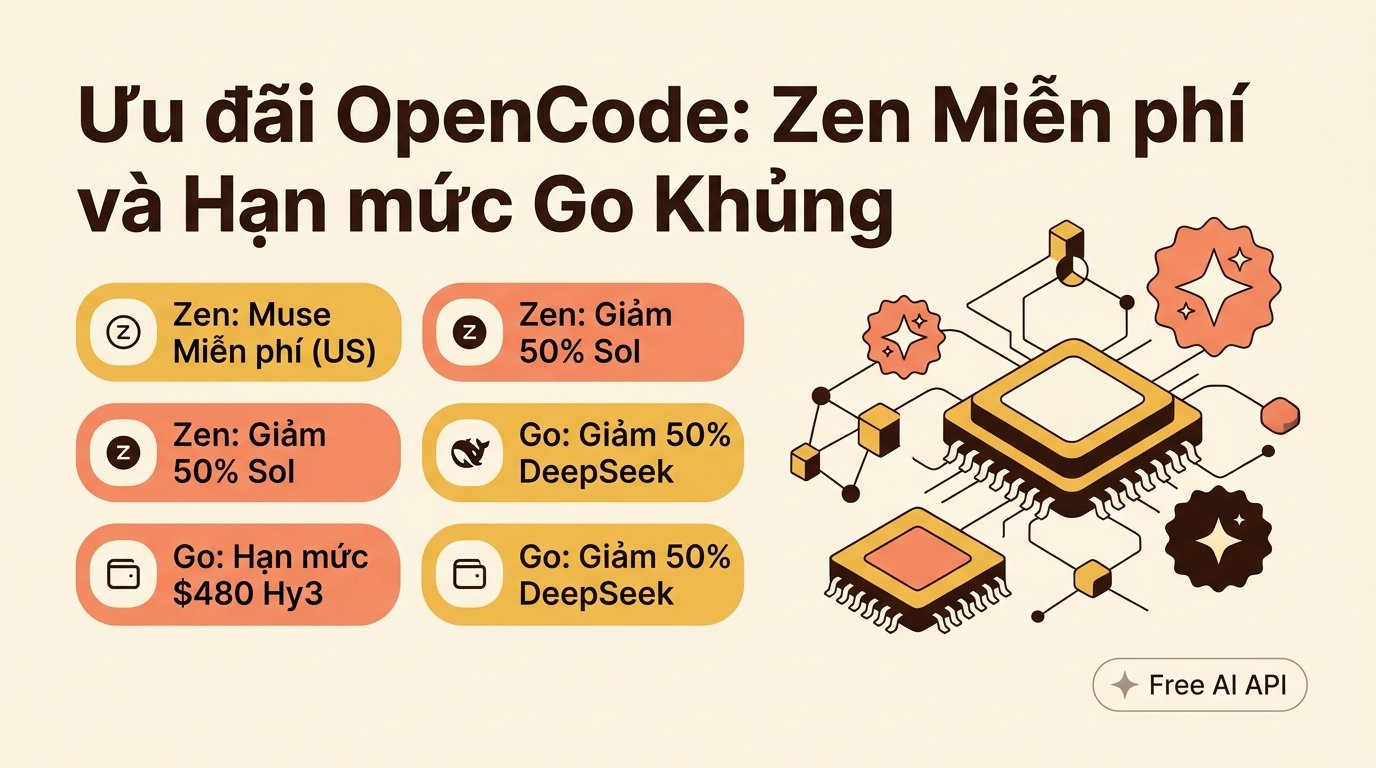Ưu đãi OpenCode: Zen Miễn phí, GPT-5.6 Sol Giảm 50% và Hạn mức Go Khủng — Free AI API