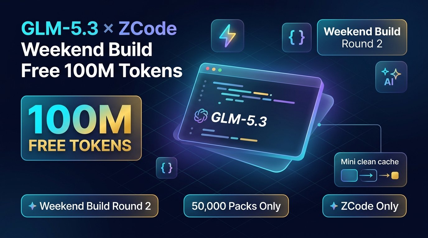 GLM-5.3 × ZCode Weekend Build Free 100M Tokens Infographic