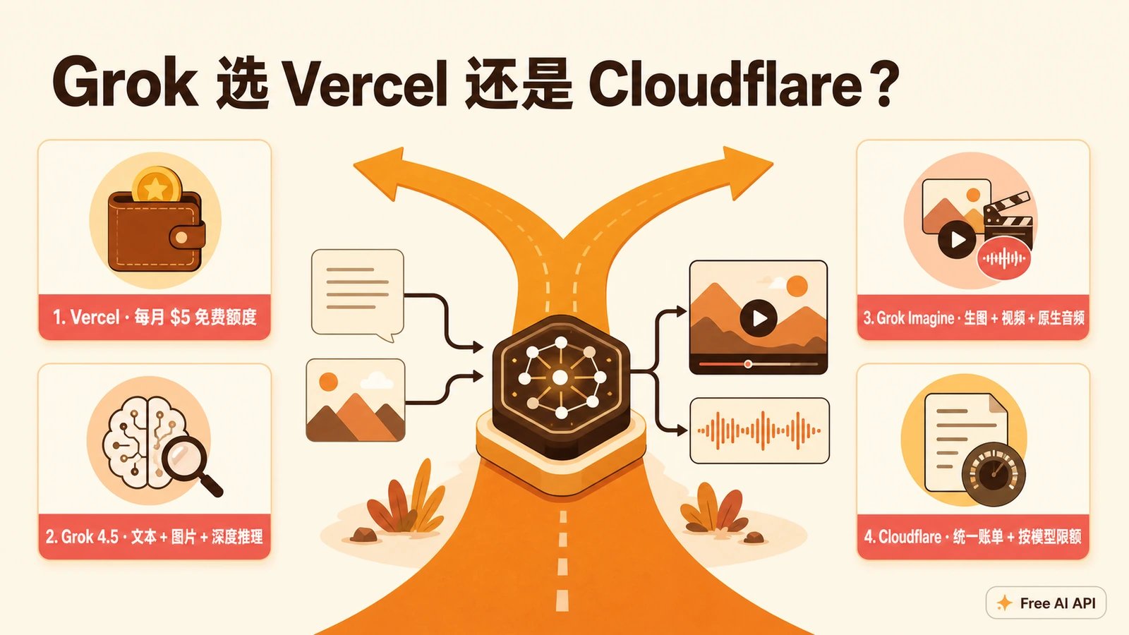 Grok 登陆 Cloudflare 与 Vercel:Vercel 免费、Cloudflare 统一付费免 Key — Free AI API