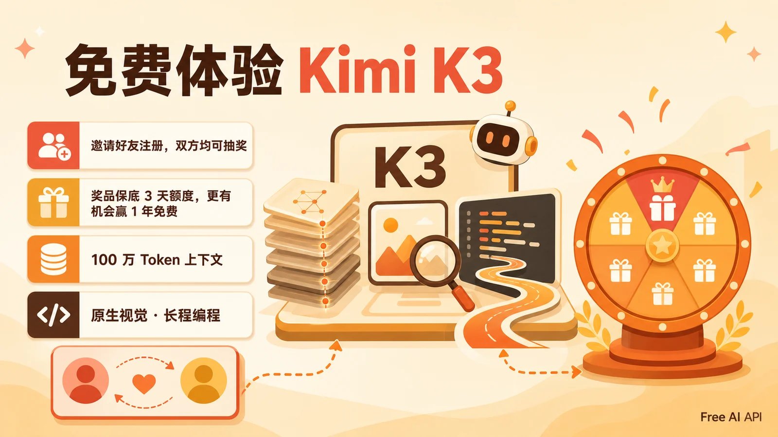 Kimi K3 上线：立即邀请好友，参加活动能领额度，品鉴一下目前最强的开源模型 — Free AI API