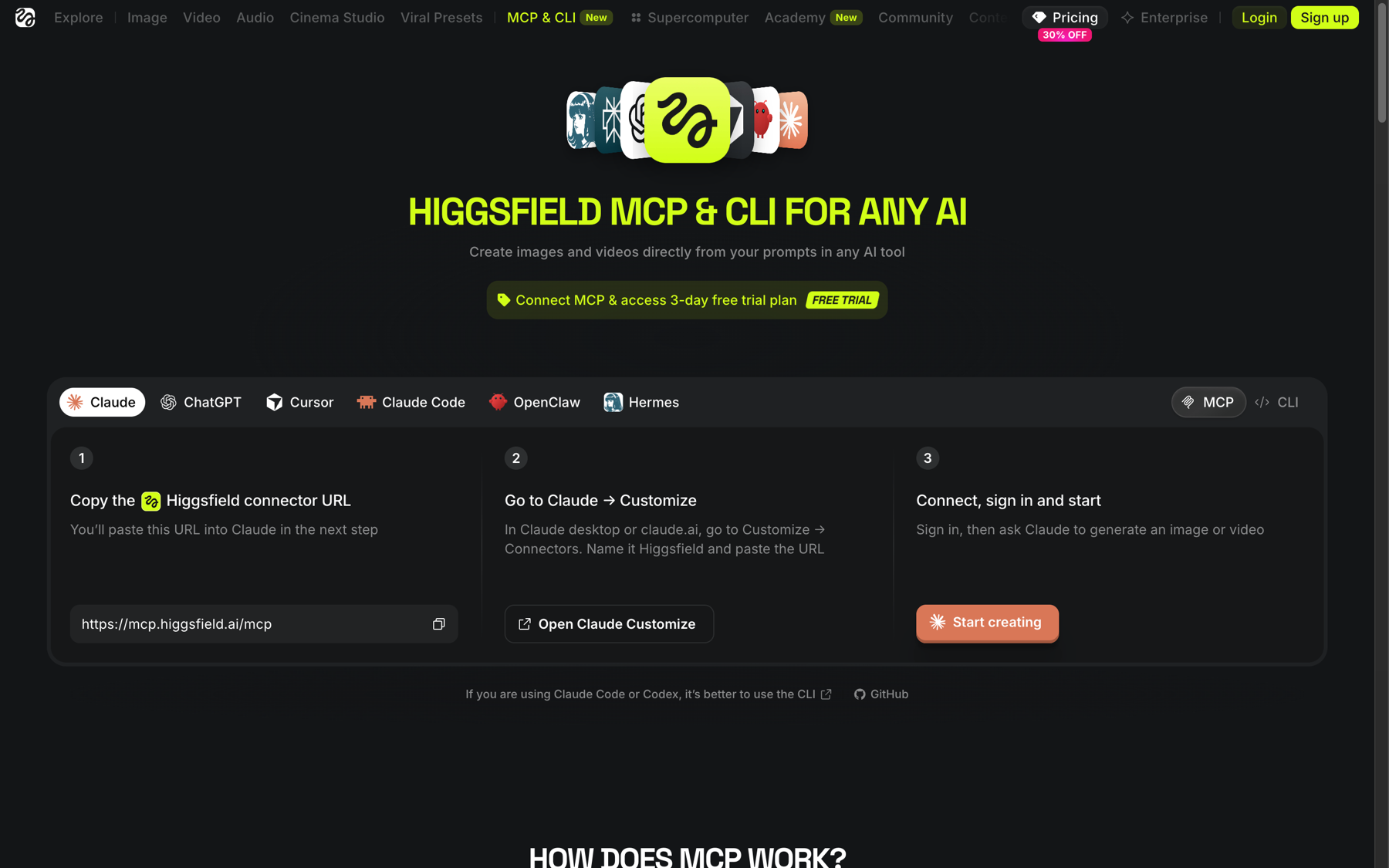 Higgsfield MCP page advertising 3-day free trial