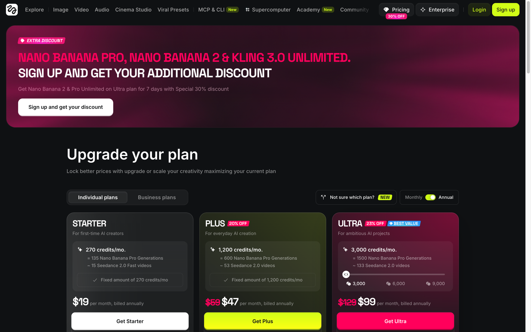 Higgsfield pricing page with Free/Starter/Plus/Ultra plans