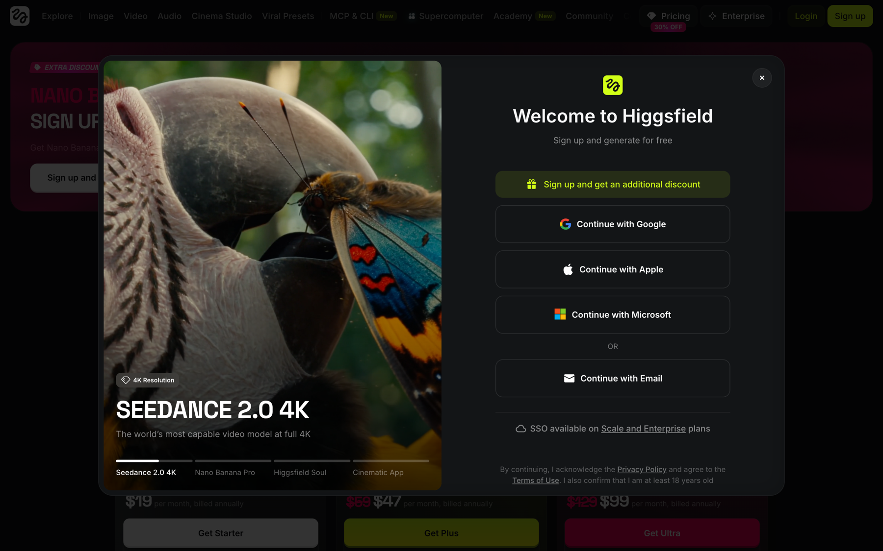 Higgsfield signup dialog with social login options