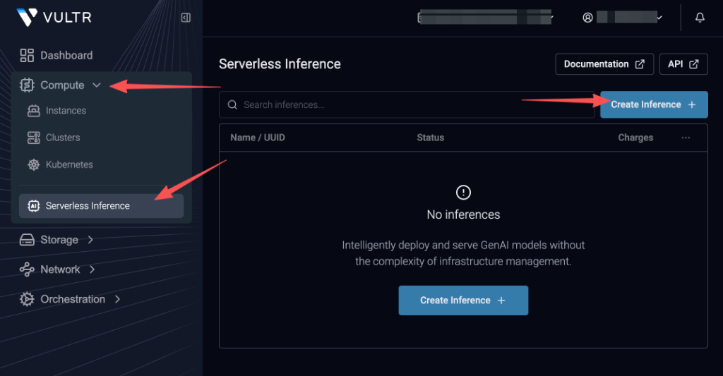 Vultr Serverless Inference Console & Create Inference Button
